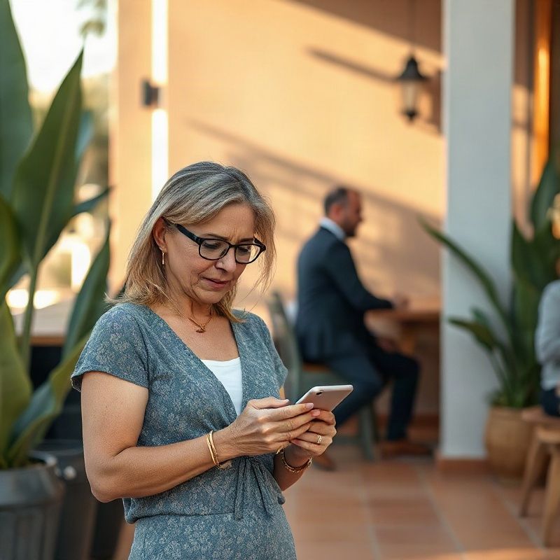 Una vecina consulta su móvil en el mostrador de Alphaopulse